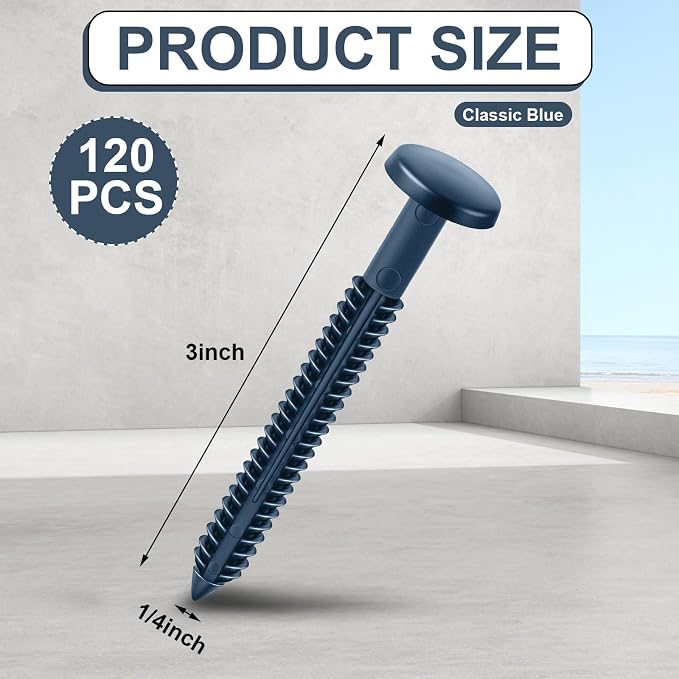 Blulu 120 Pcs 3 Inch Vinyl Shutter Fastener Window Panel Peg Lok Pin Pegs Screws Shutter Spikes Anchor (Classic Blue)
