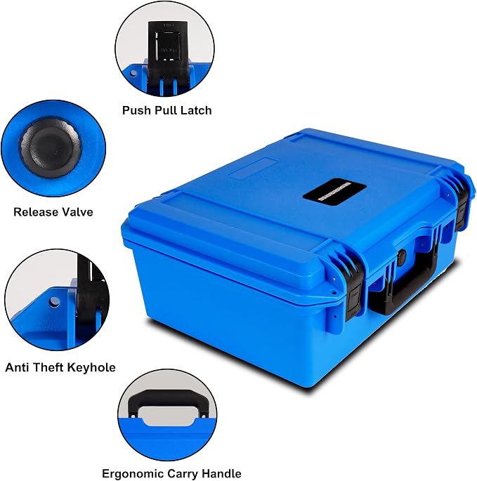 Waterproof Camera Hard Case, Shockproof & Dustproof with Custom Foam, Lockable Box for Drone, DSLR, Laptop, Tools 16.14"x13.19"x6.89" Blue