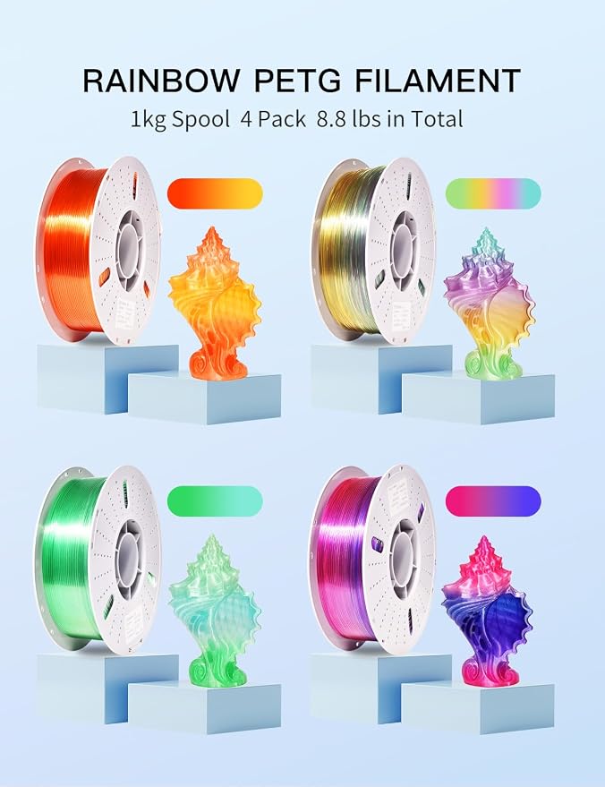 PINBALL Rainbow PETG 3D Printer Filament 1.75mm, Multicolor Translucent PETG Filament Bundle, Accuracy +/- 0.02 mm, 4kg in Total