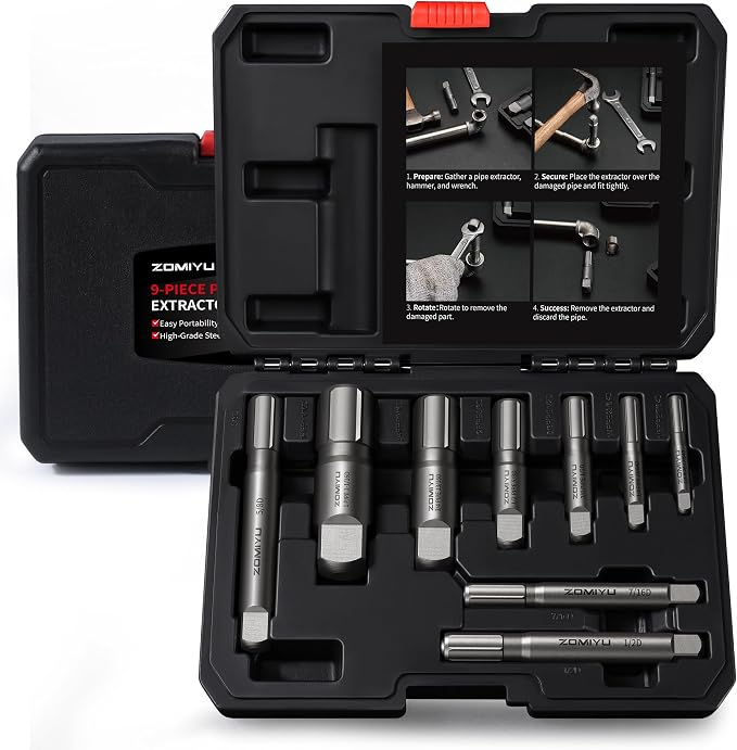 Pipe Extractor Set,Heavy Duty Steel Broken Pipe Extractors for Removing Damaged Threaded Pipes & Fittings from 1/8" to 1", with Durable Storage Case, Ideal Tools for Plumbers Mechanics DIY（9-Piece）