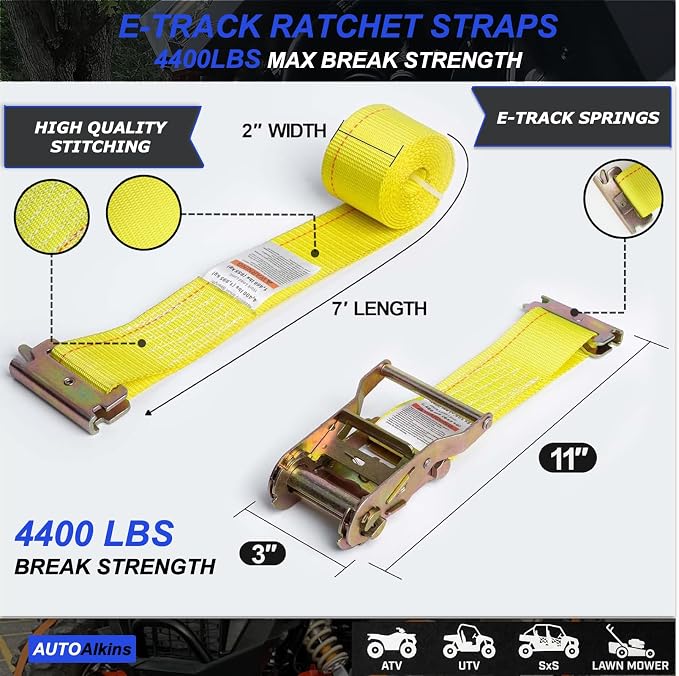 Wheel Chock Tie Down Kit, 4,400lb Break Strength — 2 Heavy Duty E-Track Tire Ratchet Straps & 4 Steel Wheel Chocks, Complete Trailer Tie Down System for ATV, UTV, Lawn Mower & SxS (Blue)