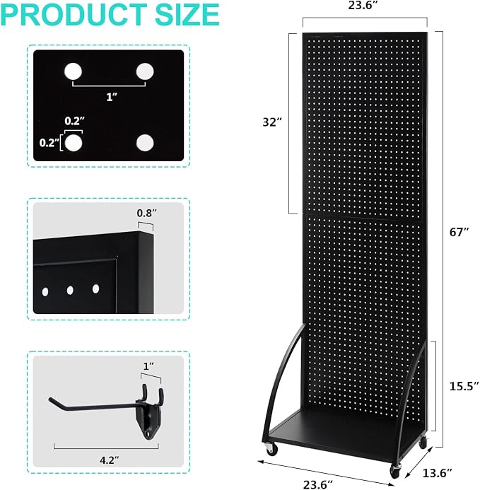NectaCol 2'x 6' Metal Pegboard Display Stand with a Plate, Peg Board Panels, Standing Pegboard Display, Craft Fair Display Rack, Art Display Stand, Extra 10 pieces Hooks-Black