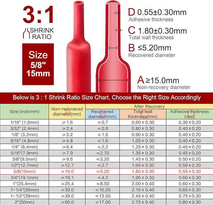 Chanzon 3:1 Ratio - 80ft Roll - Heat Shrink Tubing 5/8" (15mm) - Marine Grade Waterproof Adhesive Lined - (25M Total Length) Red Polyolefin Sleeving Wrap Shrinking 3 to 1 Ratio 1pcs
