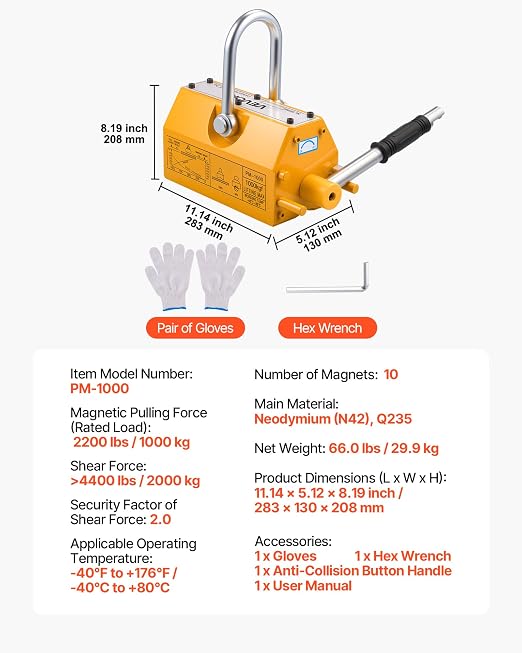 VEVOR Permanent Magnetic Lifter, 2200 lbs Pulling Capacity, Heavy Duty N42 Neodymium Lifting Magnet with Release Handle and Steel Hook, Used in Shop Crane and Hoist, for Lifting Plate Steel, Board