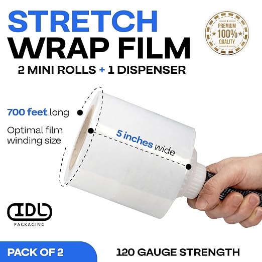 IDL Packaging 5" Stretch Wrap Mini Roll, 700 feet, 120 Gauge (Pack of 2) with a Plastic Handle Included – Industrial Grade Clear Plastic Wrap – Improved Protection for Packing, Moving, or Office