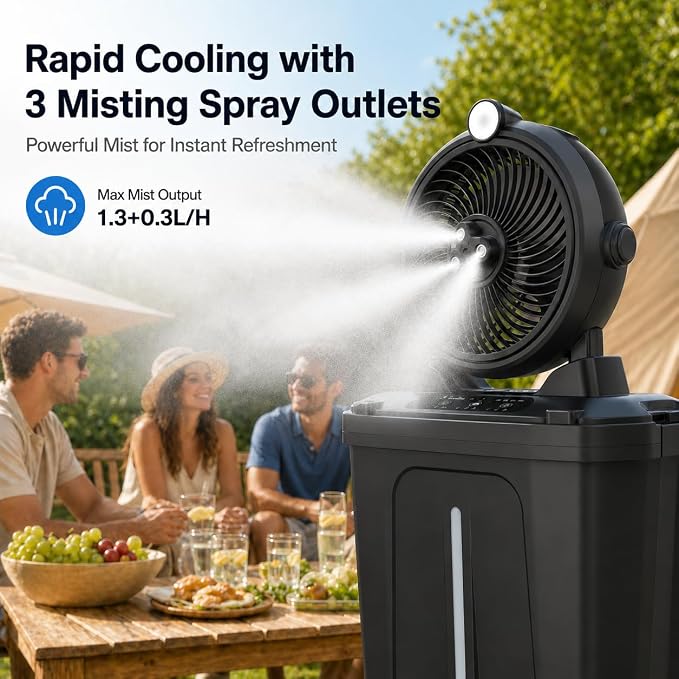 Portable Outdoor Misting Fan, 20000mAh Rechargeable Cordless Cooler with 11L Water Tank, 3-Speed Fan & 3 Fine Spray Outlets, LED Light – Battery Operated Fan for Camping, Golf, Garden & Travel