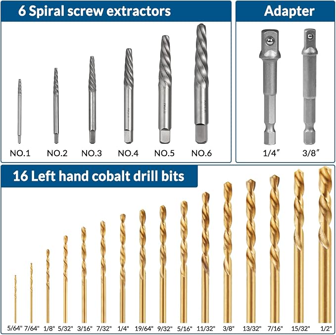 Screw & Bolt Extractor Set and Left Hand Drill Bit Kit, 54 PCS | Easy Out Stripped Screw Remover, Hex Adapter, Lug Nut Remover, For Broken, Damaged, Rusted, Rounded-Off Studs