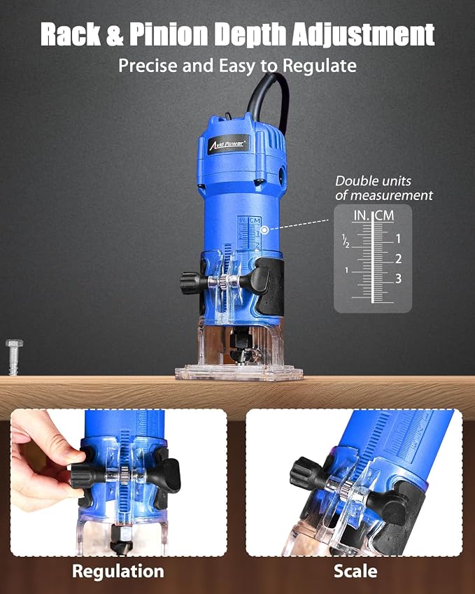 AVID POWER 630W 5.3 Amp Wood Router Tool with Fixed Base Compact Router for Woodworking, 35,000 RPM, 1/4” collet & 5 Trim Bits, Straight & Roller Guide, 2 Wrenches and Carbon Brushes - Blue