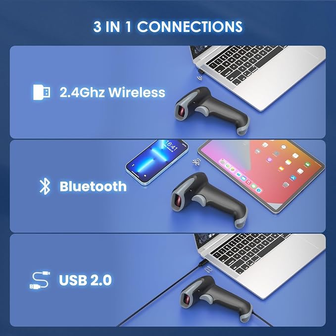 Eyoyo 2D 1D Wireless Barcode Scanner with Stand, 3-in-1 Barcode Reader 2.4G Wireless & Bluetooth & Wired USB Connection, Handheld QR Scanner Compatible with iPhone, Mac, Android, Store, Warehouse...