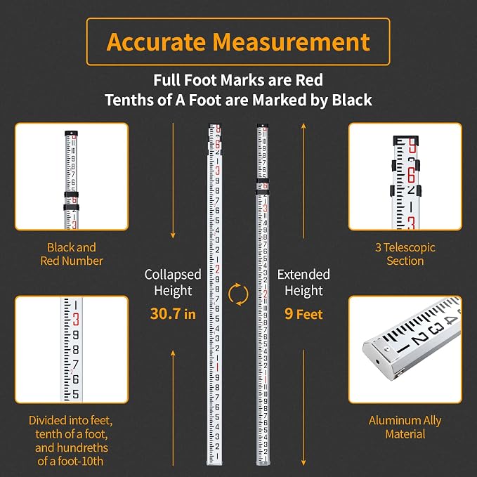 Firecore 9-Foot Aluminum Grade Rod – 10ths, Dual Sided 3-Section Telescopic Survey Rod