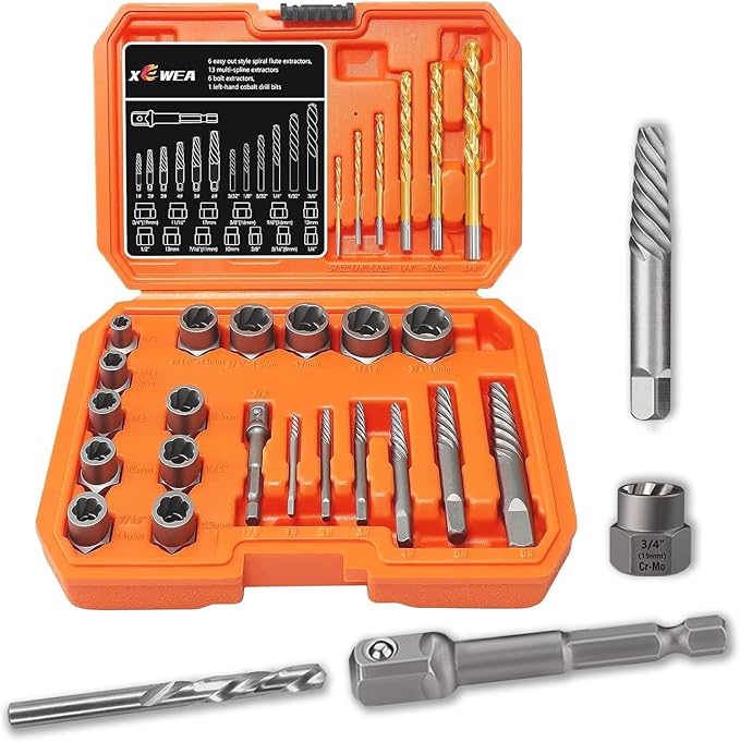 XEWEA 26PCS Screw & Bolt Socket Extractor with Left Drill Bit Set【with Hex Adapter】, Impact Easy Out Tools Stripped Screw Remover EZ Out Set for Damaged, Frozen, Rusted, Bolts, Nuts, Screws, Studs