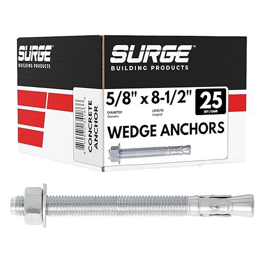 5/8" x 8-1/2" Zinc-Plated Wedge Anchors for Concrete and Cement | Heavy-Duty 5/8 Concrete Anchors (Box of 25)