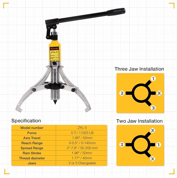 Hydraulic Gear Puller, 5 Ton Hydraulic Puller Kit Bearing Puller with Case 2 or 3 Jaws Bearing Hub Separator Hydraulic Puller Separator Tool for Pulling Hubs, Bearings, Gears, ZYL-5