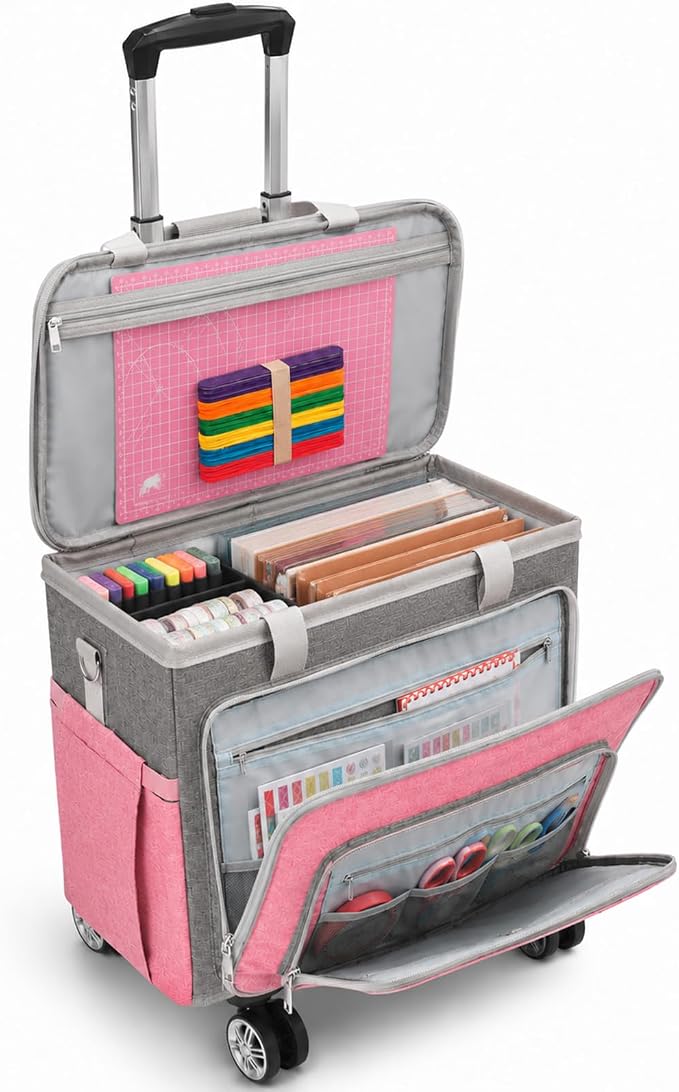 Rolling Teacher Tote Bag with Wheels Craft Storage Organizer Bag, Portable Wheeled Craft Cart for Teacher Art Office Scrapbook Supplies, Heavy Duty Multi-Purpose Rolling Tote Pink