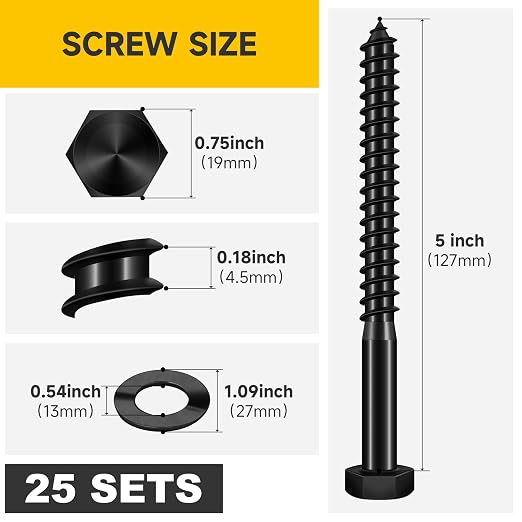 Mywish (25Sets) 1/2" x 5" Lag Bolts, 304 Stainless Steel 1/2 inch Lag Screws Bolts for Wood, Heavy Duty Hex Head with Flat Washers Bolt Kit, Black Oxided