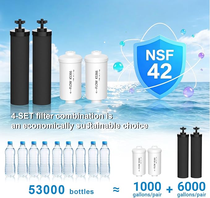 Gravity Water Filters for Berkey Replacement,NSF 42 Certified,Compatible with Berkey Gravity Filtration System,Combo Pack of 4 (2 Black Purification & 2 Fluoride PF-2 Filters)