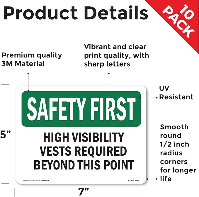 High Visibility Vests Required Beyond This Point OSHA SAFETY FIRST Vinyl Decal Label 7 Inch x 5 Inch - 10 Pack