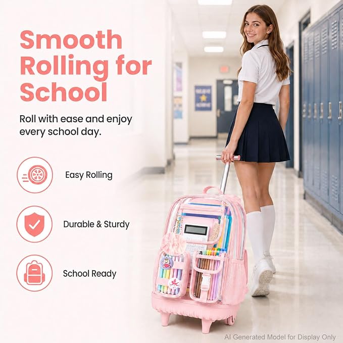 CCJPX 3Pcs Clear Rolling Backpack for Girls Women, Heavy Duty PVC Transparent Wheeled Bookbag, See Through School Bags with Wheels for Teens Elementary Travel - Pink