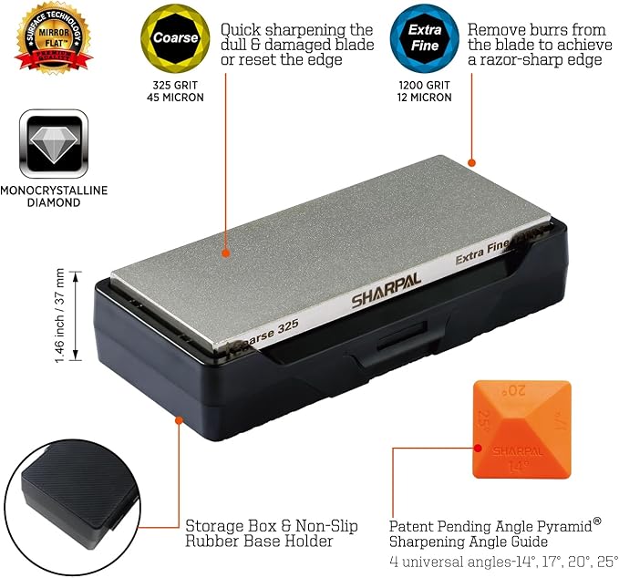 SHARPAL 156N Double-sided Diamond Sharpening Stone Whetstone Knife Sharpener | Coarse 325 / Extra Fine 1200 Grit | Storage Case with NonSlip Base & Angle Guide (6 in. x 2.5 in.) Gifts for Men