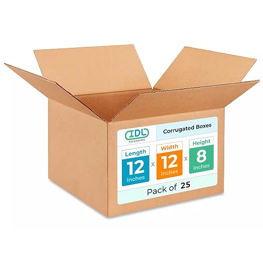 IDL Packaging - B-12128-25 Medium Corrugated Shipping Boxes 12"L x 12”W x 8"H (Pack of 25) - Excellent Choice of Strong Packing Boxes for USPS, UPS, FedEx Shipping
