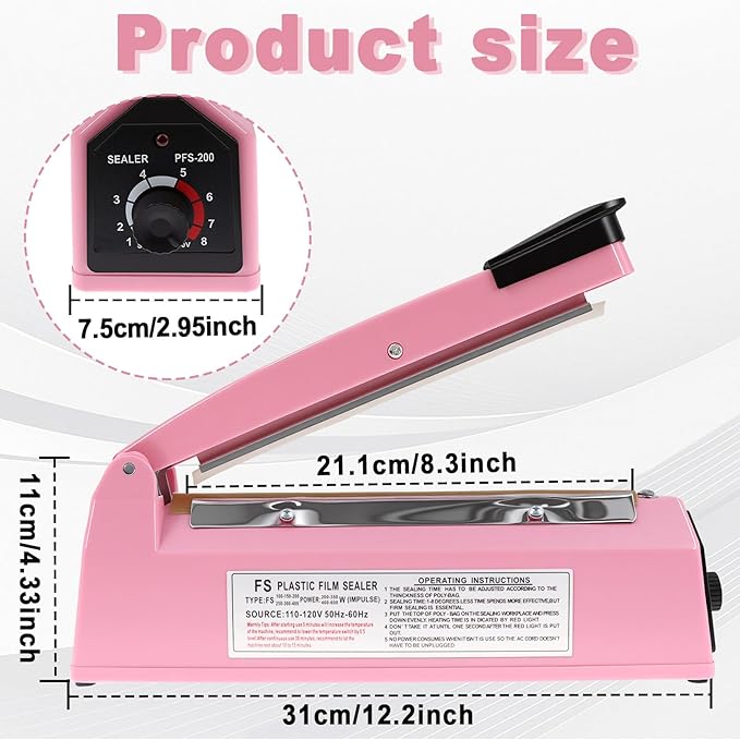 8 Inch Impulse Sealer, Manual Heat Sealer Machine for Mylar Bags, Shrink Wrap Bag Sealers Sealing Machine for Plastic PE PP Bags with 3 Free Replacements Kit Element Grip, Pink