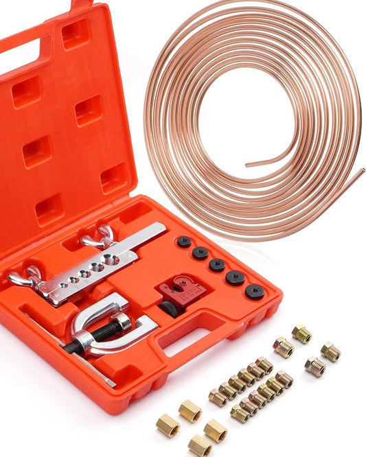 25 ft 1/4" Copper Coated Brake Line Kit (Includes 16 Fittings and 4 Unions Brake Line Fittings) + Brake Line Double & Single Flaring Tool Kit
