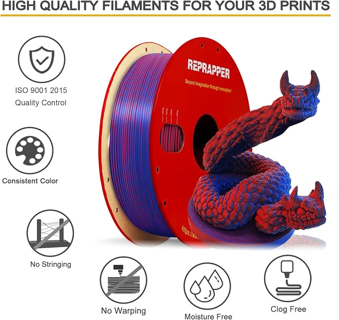 Reprapper Dual Color Filament Fillamentum pla 1.75 Multicolor 1.75mm for 3D Printer, Color Change Filament PLA, 2.2lbs (1kg), Matte PLA Red & Blue