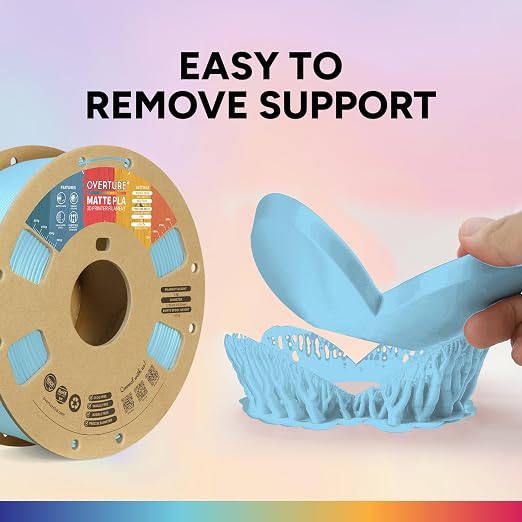 OVERTURE Matte PLA 1.75mm, Low Warp & Smooth Finish 3D Printer Filament | Frosted Matt Finish Hides Layer Lines, 1kg Spool (2.2lbs) Cardboard Spool, Fit Most FDM Printer (Matte Light Blue)