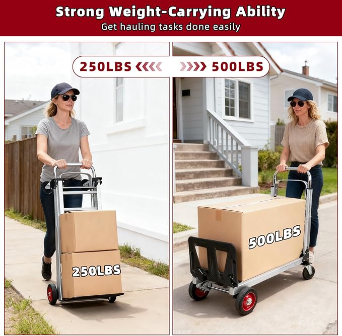 Aluminum 3-in-1 Folding Hand Truck, 500Lbs Heavy Duty Dolly Cart with 2 Large 6-Inch Quiet Rubber Wheels, 2 360° Swivel Wheels, 2 Bungee Cords, Portable Dolly for Home, Office, Warehouse, Packages