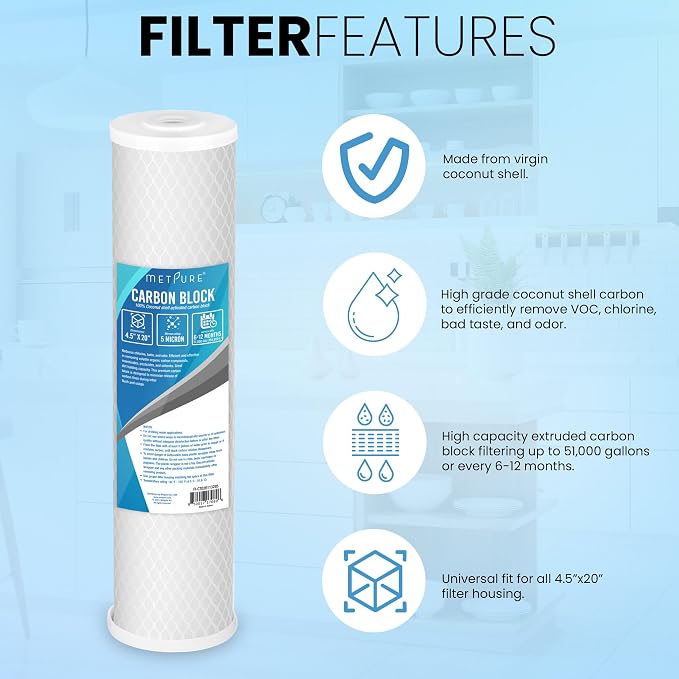 Metpure Universal 5 Micron 20” x 4.5” Whole House Carbon Water Filter Cartridge Replacement - Coconut Shell Carbon Block CTO. Compatible with Pentek, iSpring, and more. 1-Pack