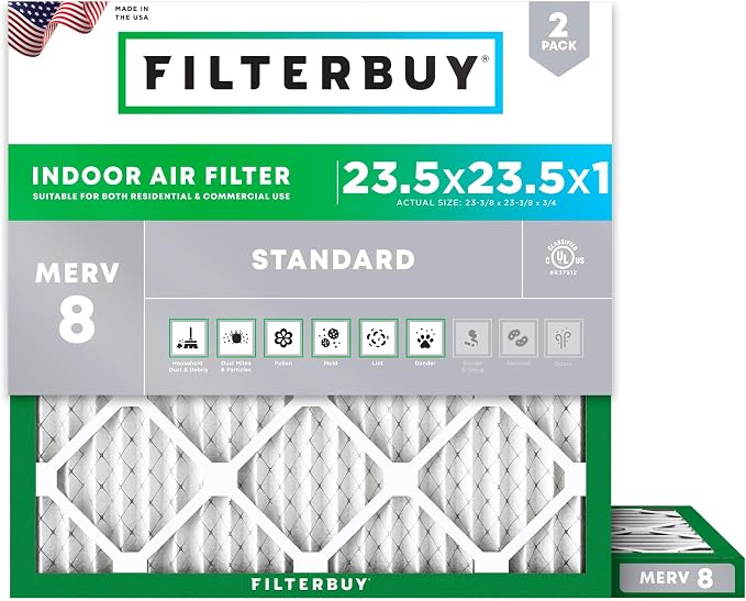 Filterbuy 23.5x23.5x1 Air Filter MERV 8 Essential Dust & Allergy Defense (2-Pack), Electrostatic Pleated HVAC AC Furnace Filters Replacement, Made in USA (Actual Size: 23.38 x 23.38 x 0.75)