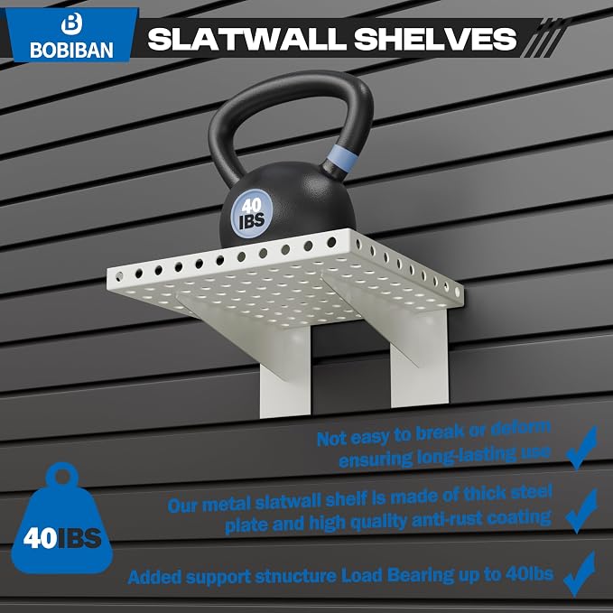 2 Pack Slatwall Shelves, Heavy Duty White Metal Slat Wall Shelf for Retail, Garage, Home Storage, 20 lbs Load Capacity, Universal Slatwall Accessories(10 x 12 Inch-2, White)