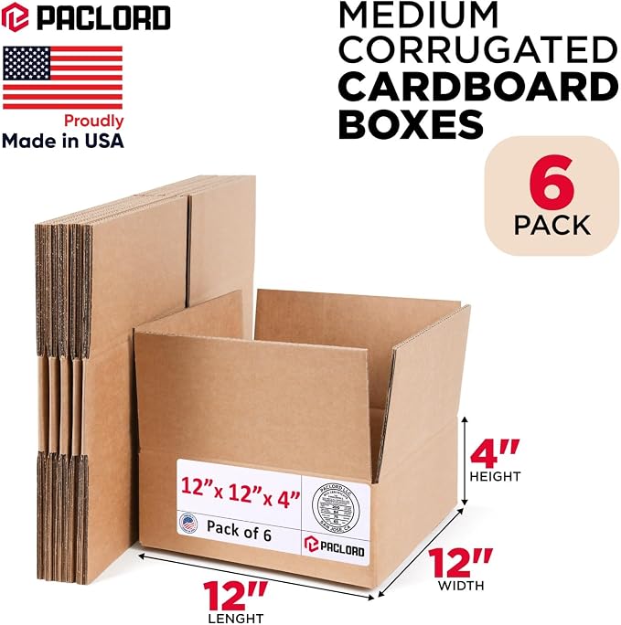 Medium Cardboard Boxes 12"L x 12"W x 4"H (Pack of 6) - USA-Made Packing Boxes for Moving, Shipping, or Storage - USPS, UPS, FedEx Approved - Professional Packing Supplies for Moving | USA-Made Packing Boxes for Moving, Shipping, or Storage - USPS, UPS,...