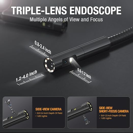 Triple Lens Borescope Inspection Camera, Teslong Professional Endoscope with Light, Digital Video Scope Camera, 5" IPS Screen, Waterproof Flexible Cable for Automotive/Home/Wall/Pipe/Car (10FT)