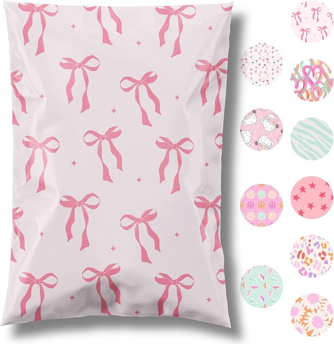 Pretty Package Store Poly Mailer 6x9, Pink Bows Coquette, 100 Pack | Heavy Duty, Waterproof, Self Seal, Tear Resistant, Shipping Bags for Small Business Packaging, Bulk Mailing Envelopes