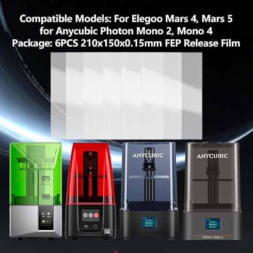KOYOFEI 6 PCS FEP Film 3D Printer Accessories, FEP Film for ELEGOO Mars 5, Mars 5 Ultra, Mars 4, Mars 4 Ultra, Mono 2, Mono 4, Mono 4 Ultra Resin 3D Printer 210 x 150 x 0.15mm