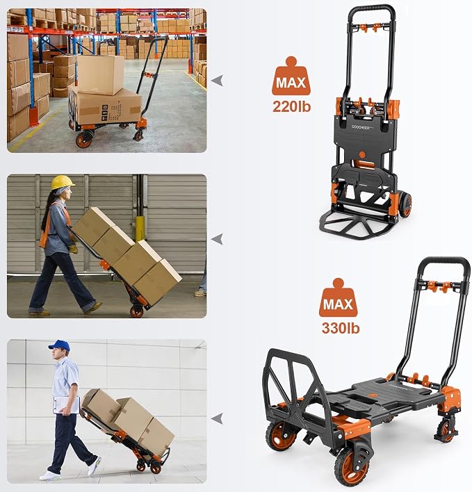 330LB Folding Hand Truck Heavy Duty Carrying, Combination of Four Wheels and Two Wheels Convertible Dolly Cart with Retractable Handle Dolly for Moving Office Carts(Orange)