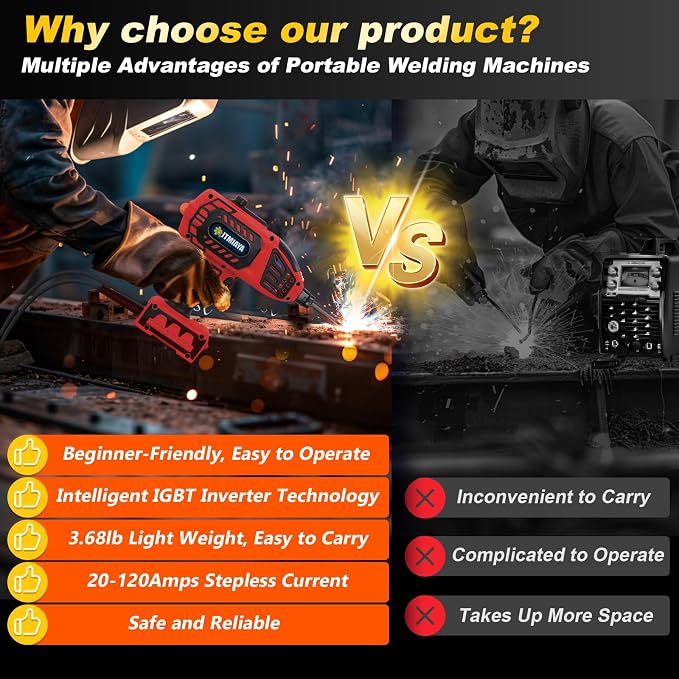 ITMIAYA® Portable Welding Machine 110V ARC Stick Welder Handheld for Metal IGBT Inverter 20-120Amps Stepless Current 1/16"-3/32" Electrodes Home Repair DIY Work (Red)