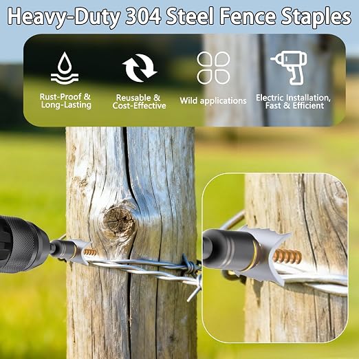 200 Pcs Stainless Steel Fence Staples Fence Nails for Softwood Reusable Fence Nails for Wire Mesh & Woven Fencing,Fence Fasteners with Wire Fixer, Easy Install & Remove with Power Drill