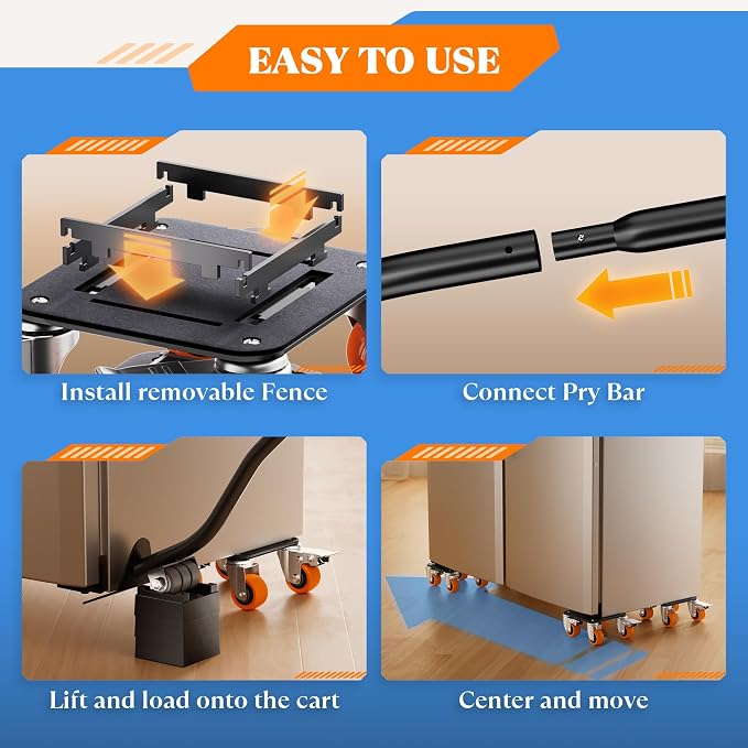Furniture Movers with Wheels, Upgraded Guardrails for No Slips, Heavy Duty Furniture Dolly, Furniture Sliders with Wheels, Furniture Lifter Tool Included (Orange, 6.3" × 6.3" Pro Max)