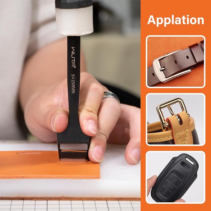 WUTA 5 Pcs Leather Belt Hole Puncher Oval Cutter Strap Watch Band Flat Punches Heavy Duty Oblong Tools for Leathercrafting (5 * 6+5 * 8+5 * 25+4mm Round+3.5mm Round)