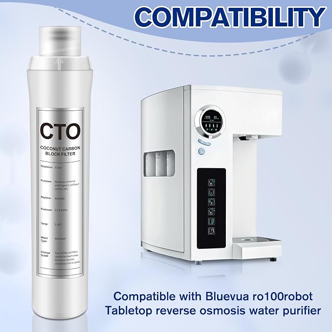 1 Pack CTO Water Filter Replacement Compatible with Bluevua RO100ROPOT, 1 CTO Water Filters, Improved Drink Quality, Easy to Replace for Household Daily Use Drinking