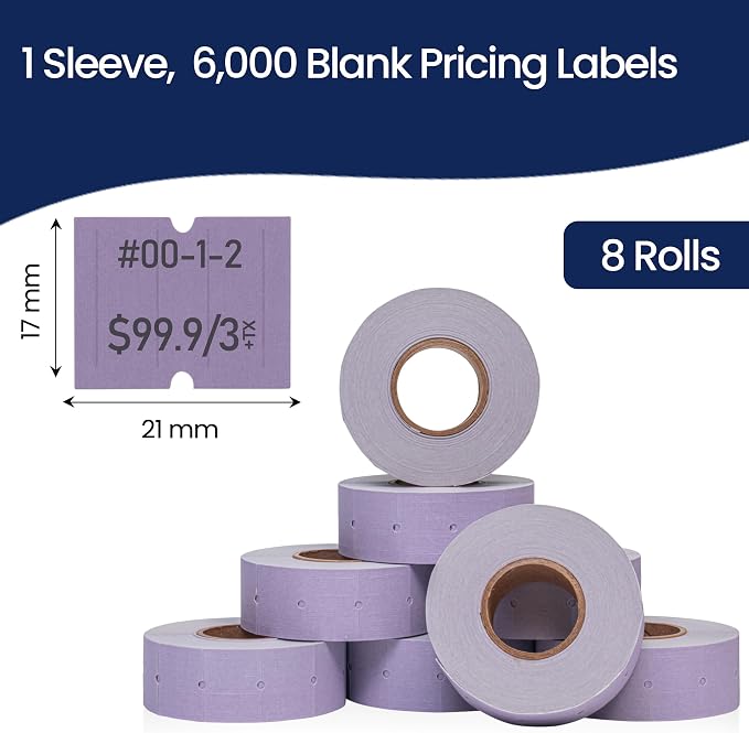 Perco 2 Line Lavender Labels - 6,000 Blank Price and Date Gun Labels for Perco 2 Line Price and Date Guns - 8 Rolls, 1 Sleeve - Made in USA