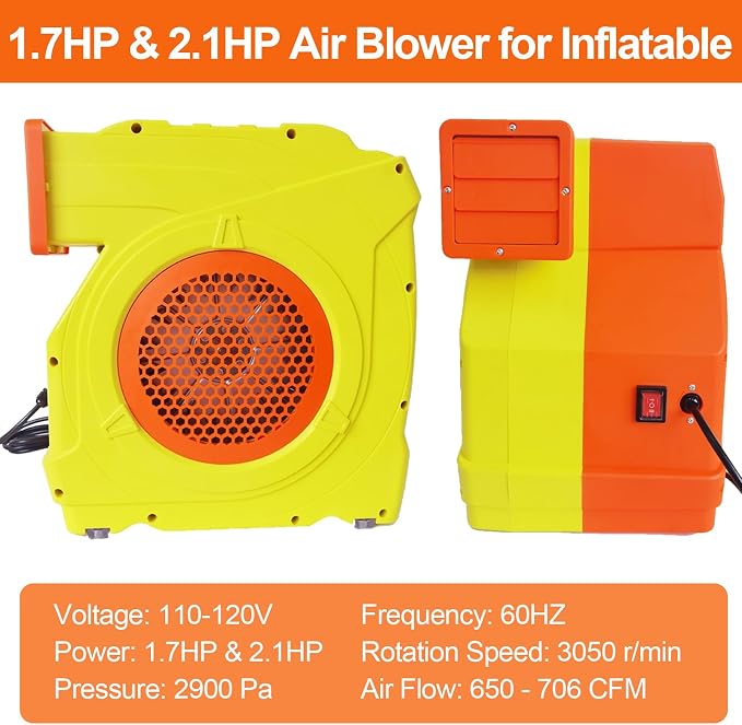 Bounce House Blower, Dual - Mode 1300W / 1600W, 1.7HP & 2.1HP Dual Speed Commercial Air Blower with Great Heat Dissipation Properties, Super Strong Wind for Bouncy Castle, Jump Slides, Inflatables