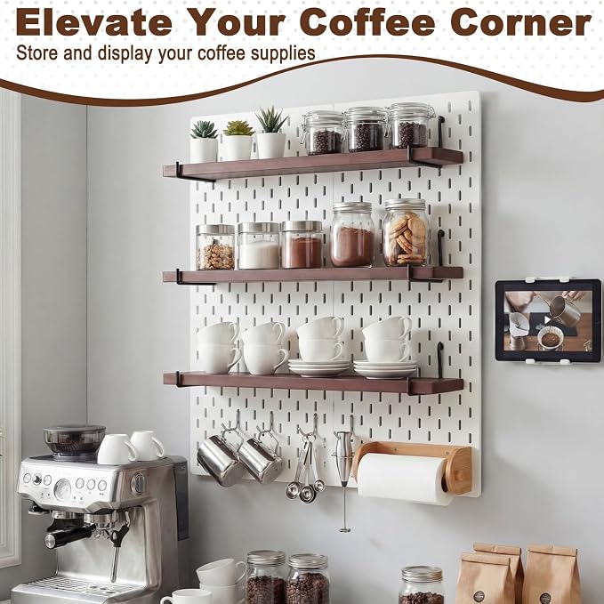 Novabright 10 Pcs Walnut Color Pegboard Shelves Set with Metal Brackets Hooks 11.8 x 4'' Wall Wooden Pegboard Shelving Heavy Duty Accessories for Crafts Office Garage, Compatible with IKEA Skadis