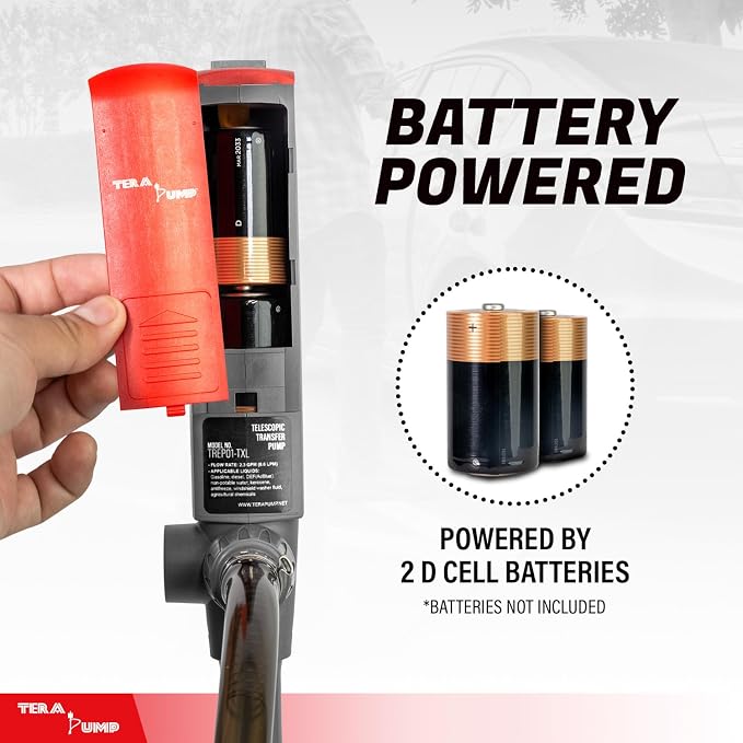 TeraPump 2nd Gen. TREP01-TXL E85 Electric Gas Transfer Pump - 2D Battery, 2.3 GPM, 10ft Upgraded Vinyl Hose with Quick Stop Flow Control for E15, Gas, Diesel, DEF