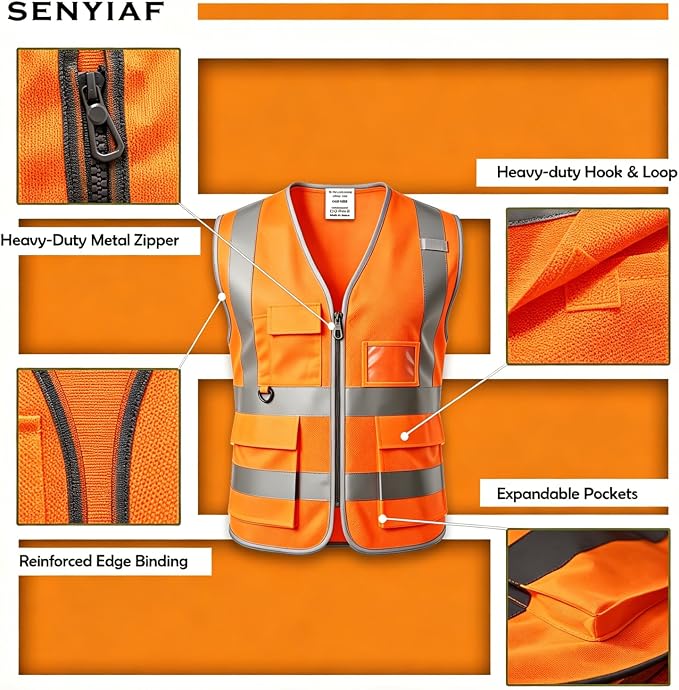 12 Pack Hi Vis Reflective Safety Vest Multi Pockets & Zipper Class2 | Construction Work Vest for Men and Women,Warehouse Crews,Road Workers,Volunteers,Security,Baggage Handling,Survey,Airport