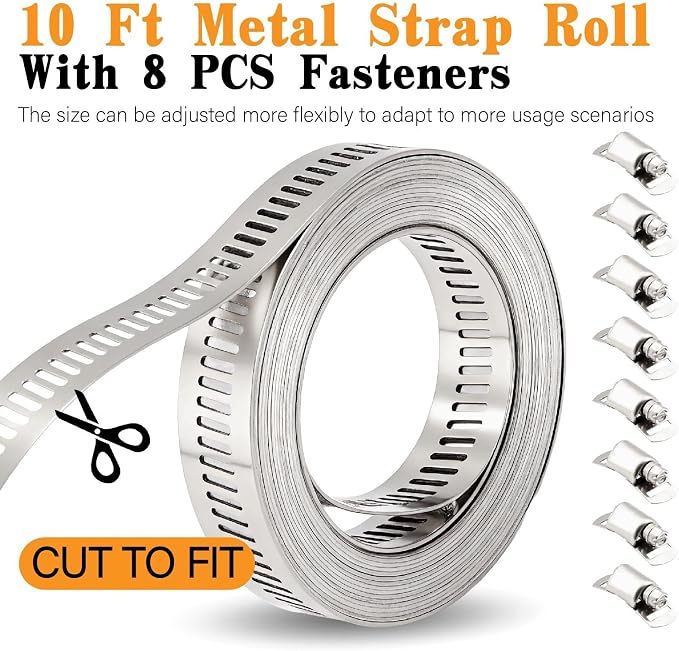 304 Stainless Steel Hose clamps Kit, Metal Strap and Strong Fasteners Set | 196PCS 1/4 to 2 inch Worm Gear Clamp Assortment 8 Sizes and 10FT Band Strap for Automotive, Plumbing, Fuel Pipe and DIYers