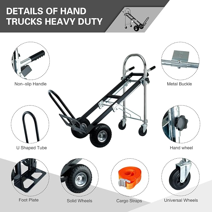 3 in 1 Industrial Convertible Hand Truck Dolly,Dolly Cart with Wheels 1000 Lbs Capacity,Appliance Dolly with Solid Wheels for Moving,Transport in Warehouses,Home,Factory,Supermarket (Black)