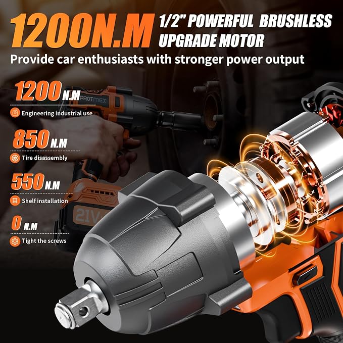 Protmex Cordless Impact Wrench, 900Ft-lbs (1200N.m) 1/2" Brushless Impact Gun, 21V High Torque Power Impact Driver, 2x4.0Ah Batteries Electric ImpactMotor Variable Speeds for Car/Pickup Truck/Mower